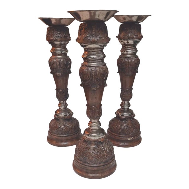 Late 20th Century Ornate Maitland-Smith Hand-Carved Candle Holders ~ Set of 3 For Sale
