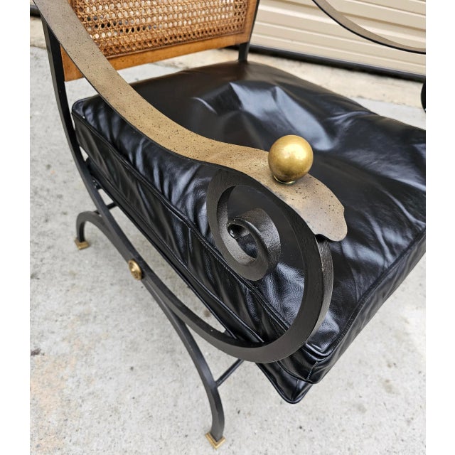 Wood Mid Century Barcelona by Morganton Metal Leather and Cane Campaign Style Lounge Chair For Sale - Image 7 of 9