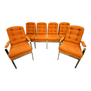 Set of Six Mid Century Modern Dining Chairs, Milo Baughman Style, Chrome, Fabric
