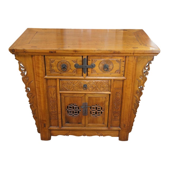 Late 19th Century Antique Chinese Qing Dynasty Carved Elm Altar Cabinet For Sale