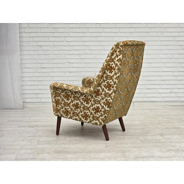 Danish Highback Armchair in Brown/Beige Furniture Fabric and Teak Wood, 1970s For Sale - Image 10 of 17