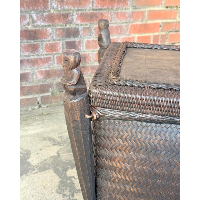 Chic Vintage Maximalist Tribal Rattan Storage Trunk / Japandi Coffee Table With Carved Guardians For Sale - Image 4 of 12