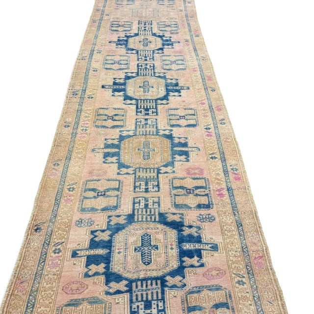 Antique Azeri Runner | Blue Geometric Medallions 4x 13 For Sale - Image 4 of 4