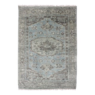 Modern Oushak Distressed Rug in Light Blue, Light Green & Brown 6'0" X 9'0" For Sale