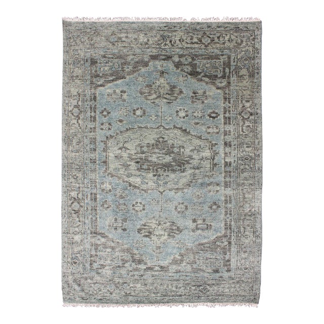 Modern Oushak Rug by Keivan Woven Arts, Light Green & Blue, 6' X 9' For Sale
