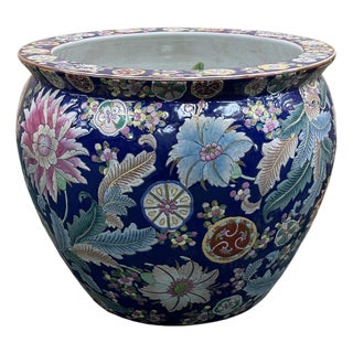 Vintage Cobalt Blue Color Flower Medallion Gold Fish Porcelain Pot For Sale