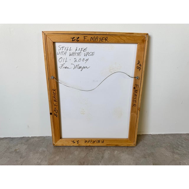 Vintage Fran Mayer “Still Life With White Vase” Oil on Canvas Painting, Framed For Sale - Image 11 of 11