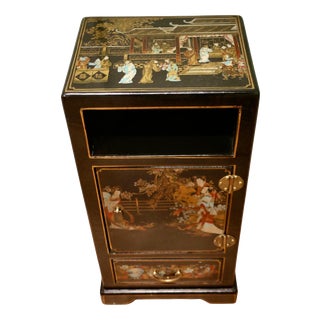 Black Lacquered and Lucky Decorated Chinoiserie Side Cupboard, 1920 For Sale