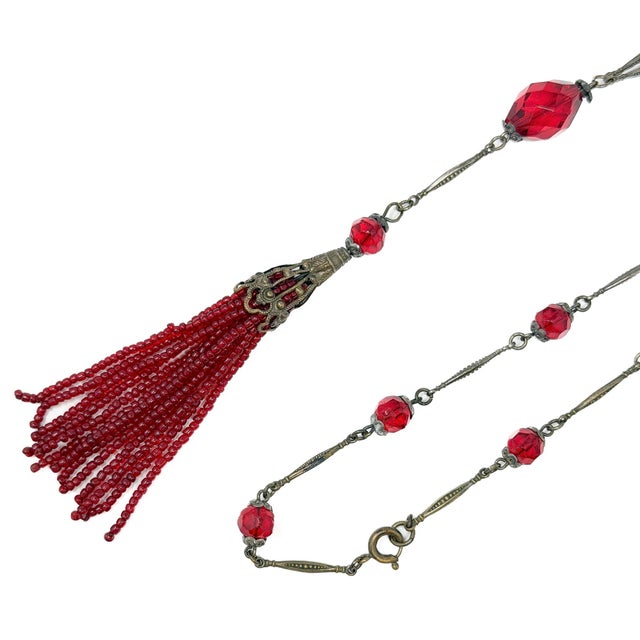 Art Nouveau Red Glass and Gilded Metal Tassel Necklace, 1890s For Sale - Image 6 of 8