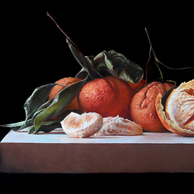 Realism The Last by Victoria Novak | Oil on Canvas Still life of oranges on a shelf For Sale - Image 3 of 4