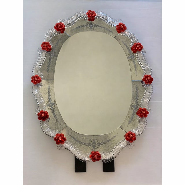 Transparent Venetian Murano Glass Oval Red Floral Wall Mirror – Hand-Carved Italian Art For Sale - Image 8 of 12