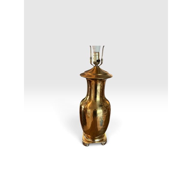 Mid 20th Century Vintage Hollywood Regency Polished Brass Urn Table Lamp With Scroll Feet, 35” For Sale - Image 5 of 7