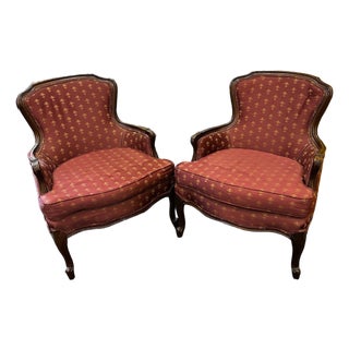 Pair of Antique Mahogany Bergere Chairs Upholstered in Burgundy and Gold Silk For Sale