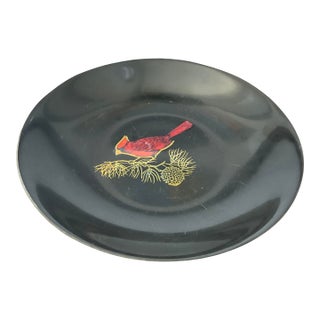Mid 20th Cerntury Couroc of Monterrey Black Utility Dish Inlaid With Cardinal For Sale