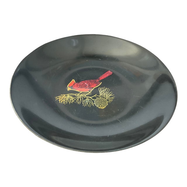 Mid 20th Cerntury Couroc of Monterrey Black Utility Dish Inlaid With Cardinal For Sale