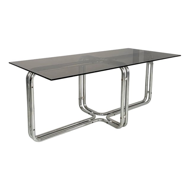 Italian Modern Dining Table in Smoked Glass and Steel, 1970s For Sale