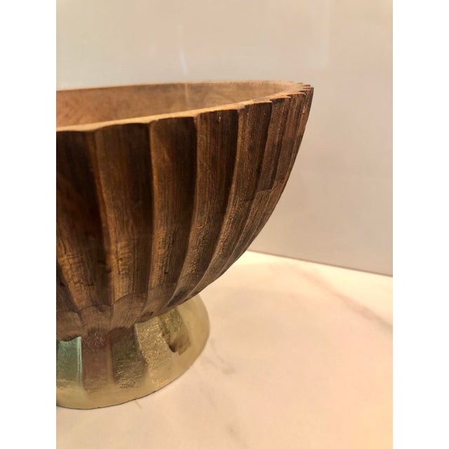 1970s Fluted Wood on Gold Pedestal Bowl For Sale - Image 6 of 11
