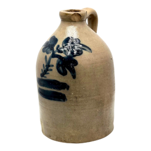 Antique Mid 19th Century American Stoneware 1 Gallon Size Spirits Jug With Nice Large Blue Flower Decoration