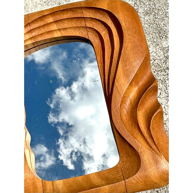 Mid-Century Modern Vintage Hand Carved Wave Mirror For Sale - Image 3 of 12