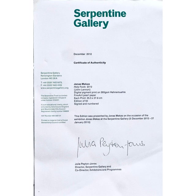 Photography Holy Fools (John Lennon) 2012, Special Edition From the Serpentie Gallery London Photographed By Jonas Mekas For Sale - Image 7 of 7