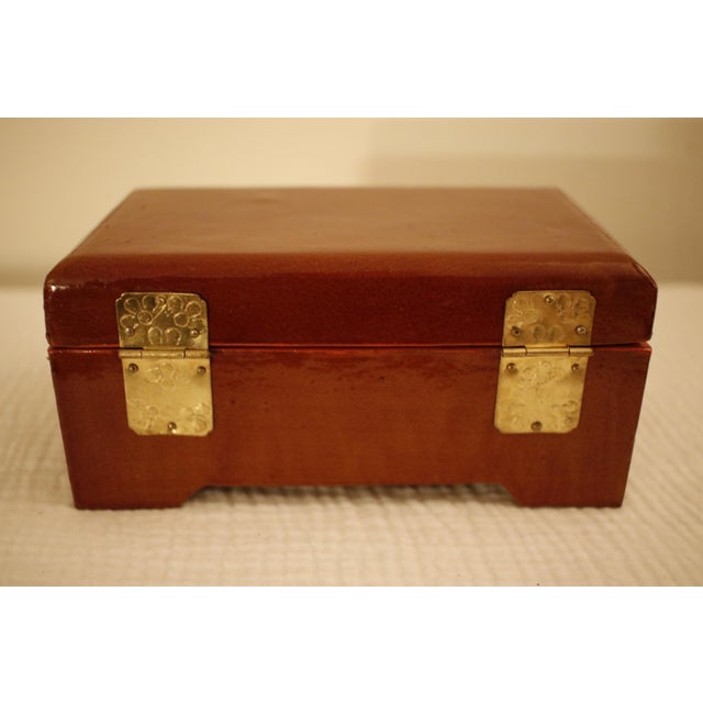 Chinoiserie Leather Chinese Box With Brass Hardware and Black Silk Lining For Sale - Image 3 of 12
