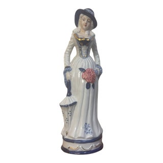 Vintage Mid-Century Glazed Porcelain Figurine of a Victorian Lady With Parasol For Sale