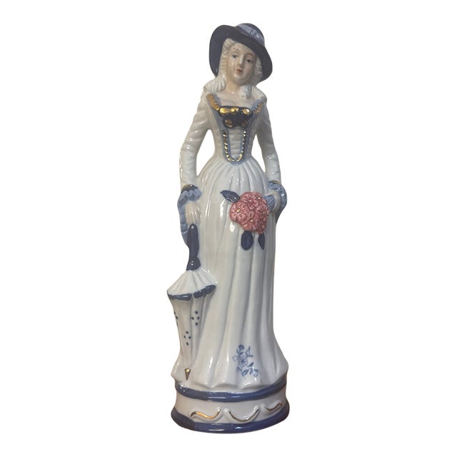 Vintage Mid-Century Glazed Porcelain Figurine of a Victorian Lady With Parasol For Sale