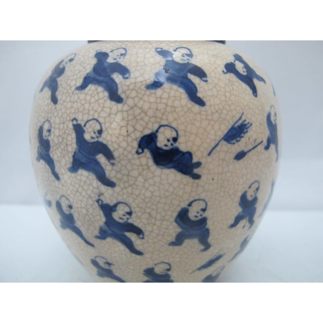 Wood Chinese Qing 100 Boys Blue Porcelain Ginger Jar Snuff Bottle W/Carved Wood Lid For Sale - Image 7 of 11