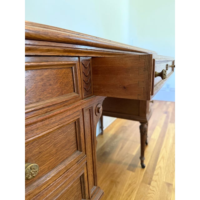 Vintage Edwardian-Style Oak Pedestal Desk With Casters For Sale - Image 4 of 10