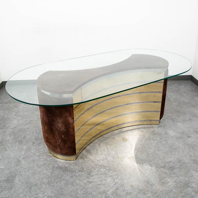 1970s Mid Century Modern Dining Table Glass Curved Mirrored Velvet Attributed to Willy Rizzo Italy For Sale - Image 5 of 10