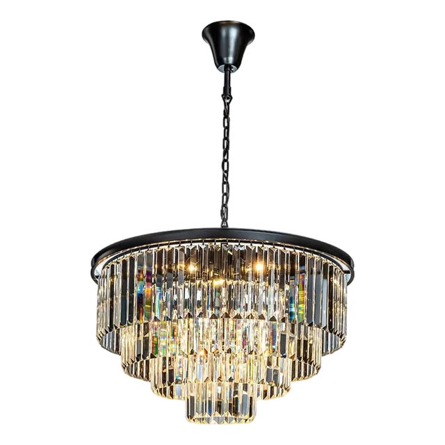 Aloadecor 8-Lights Modern Black 4-Tier Round Crystal Fringe Chandelier For Sale