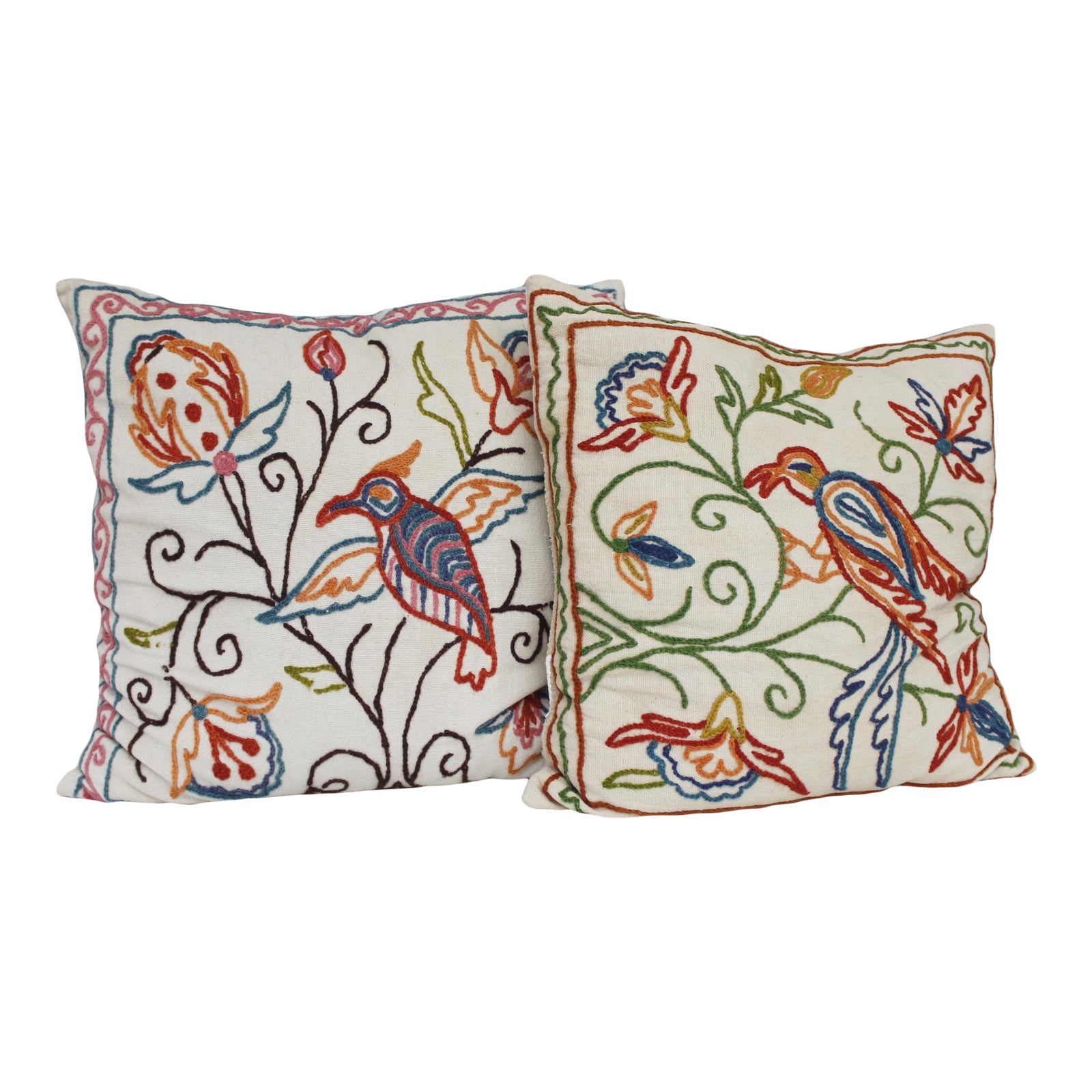 2 Vintage Crewel Embroidered Pillows Birds Flowers India Chairish