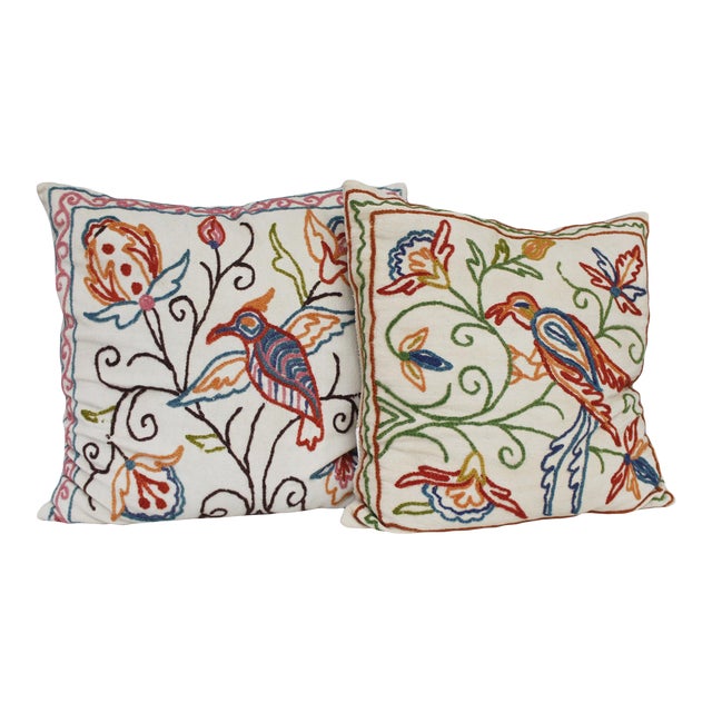 2 Vintage Crewel Embroidered Pillows Birds Flowers India Chairish