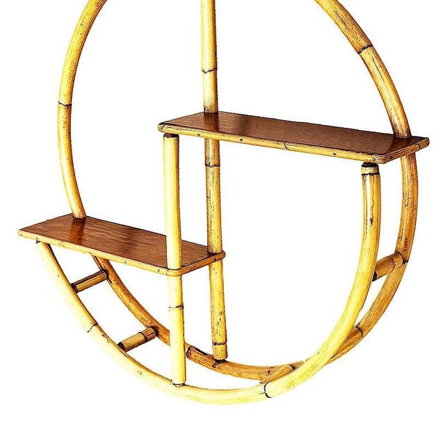 Restored Mid-Century Circular Rattan & Slat Mahogany "Skeleton" Wall Shelf For Sale In Los Angeles - Image 6 of 9