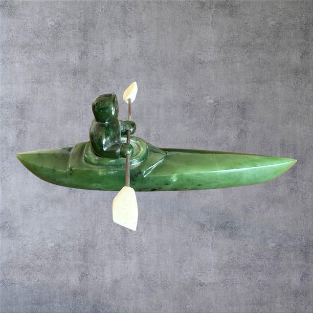 1970s Vintage Inuit Jade Carving Hunter in Kayak Sculpture Hand Carved Canada Art 5" For Sale - Image 5 of 9