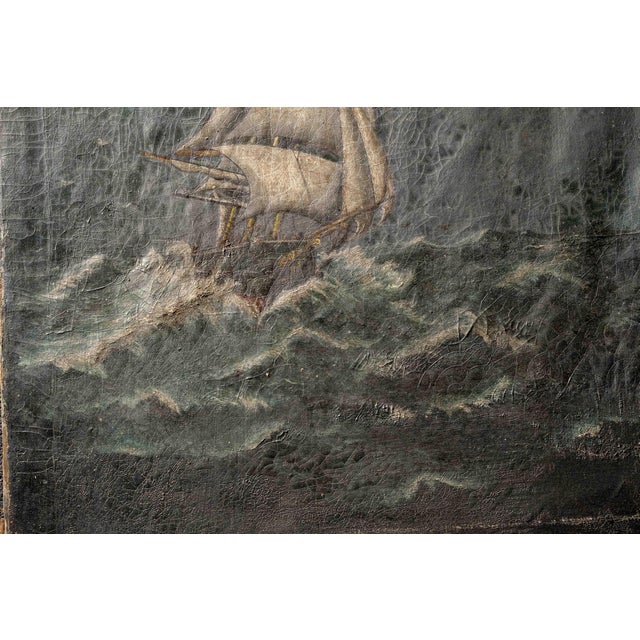 Antique Maritime Oil Painting of a Sailing Ship in a Storm For Sale - Image 4 of 7