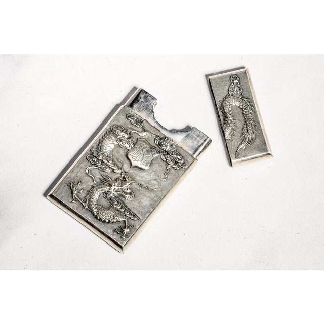 Refined Antique Chinese Export 900 Silver Calling Card Case Holder Dragon Bamboo Bird Asian Design For Sale - Image 9 of 17