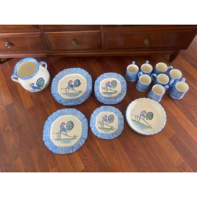 Vintage Rustic Farmhouse Country Blue Stipple Rooster Los Angeles Potteries Dish Set- 24 Pieces For Sale - Image 9 of 9