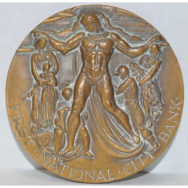 Arts & Crafts First National Bank New York 150 Year Commemorative Bronze c.1962 For Sale - Image 3 of 3