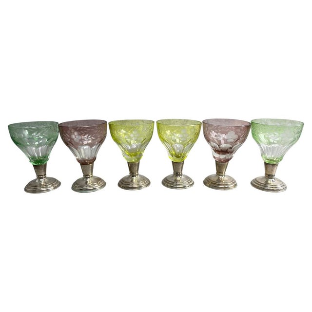 Colored Cut Glasses on Silver Stems, 1930s, Set of 6 For Sale - Image 10 of 10