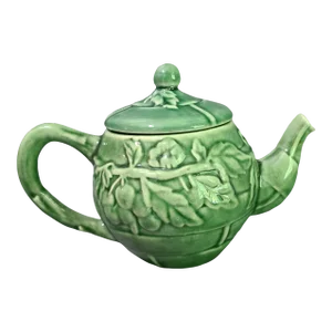Vintage Glazed Pottery "Porta" Portugal Green Embossed Vine Tea Pot With Strainer