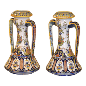 Pair of 19th Century French Hand Painted Faience Vases From Rouen