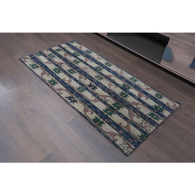 Islamic 1970s Vintage Turkish Runner Rug - Navy Blue Vertical Striped & Cream Hallway Rug - Handwoven Anatolian Low-Pile Accent Carpet For Sale - Image 3 of 9