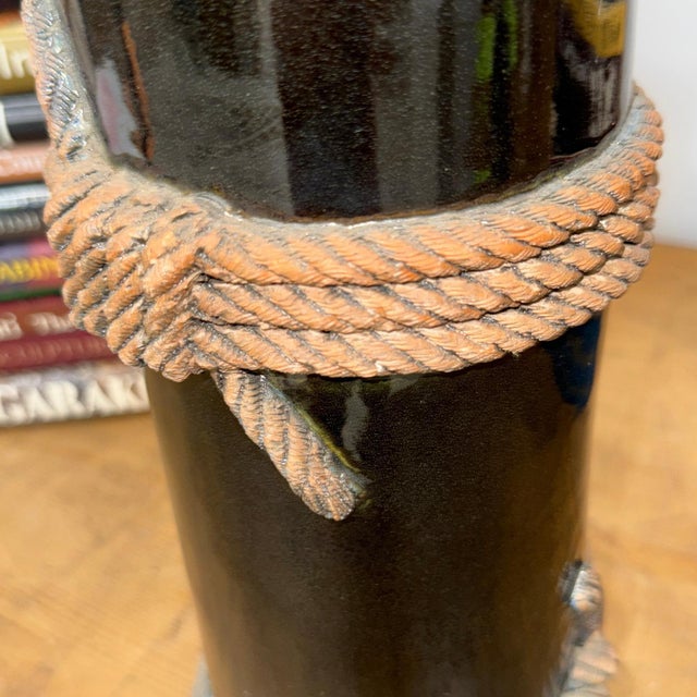 Ceramic Deep Black Cylindrical Ceramic Vase with Rope Design For Sale - Image 7 of 10