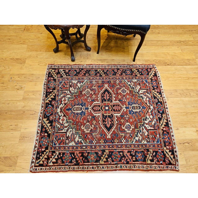 Vintage Persian Heriz Serapi Rug, Hand-Knotted Wool, Geometric Pattern, Brick-Red & Ivory, 4x4 For Sale - Image 11 of 18