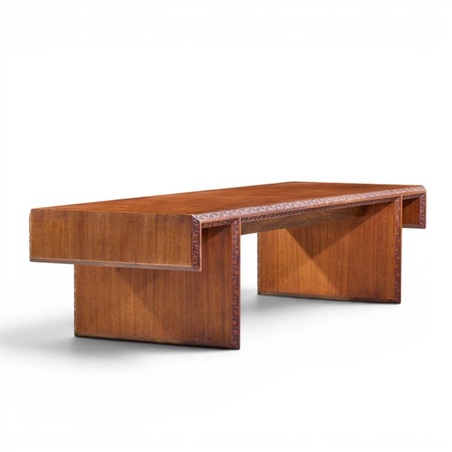 Frank Lloyd Wright Taliesin Mid Century Carved Mahogany Bench Coffee Table For Sale In Chicago - Image 6 of 9
