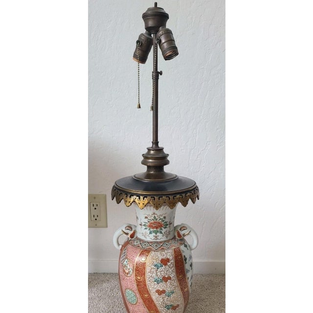 Vintage Japanese Kutani Elephant Handle Porcelain Vase Lamps Hand Painted Pair For Sale - Image 9 of 9