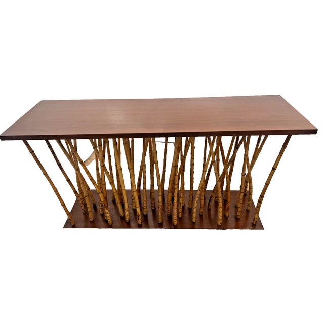 Hollywood Regency Mid-Century Console Sofa Table Hollywood Regency Bamboo & Wood Forest-Base For Sale - Image 3 of 15