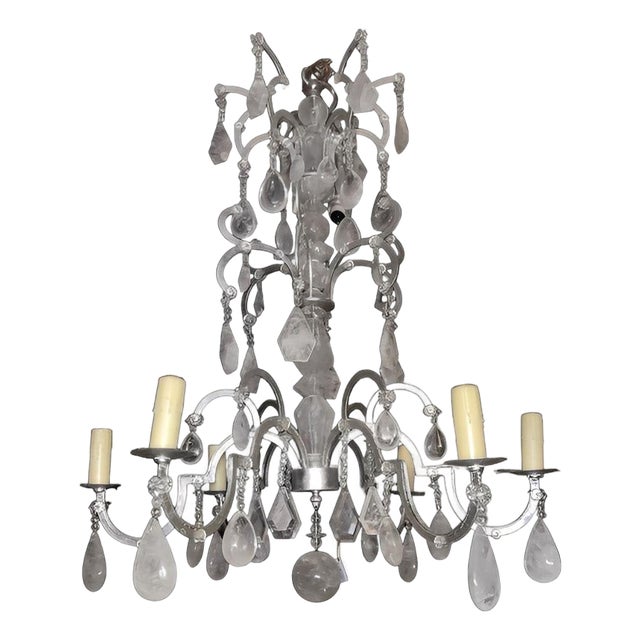 Italian 20th Century Silver Leaf Wrought Iron Chandelier With Rock Crystal For Sale