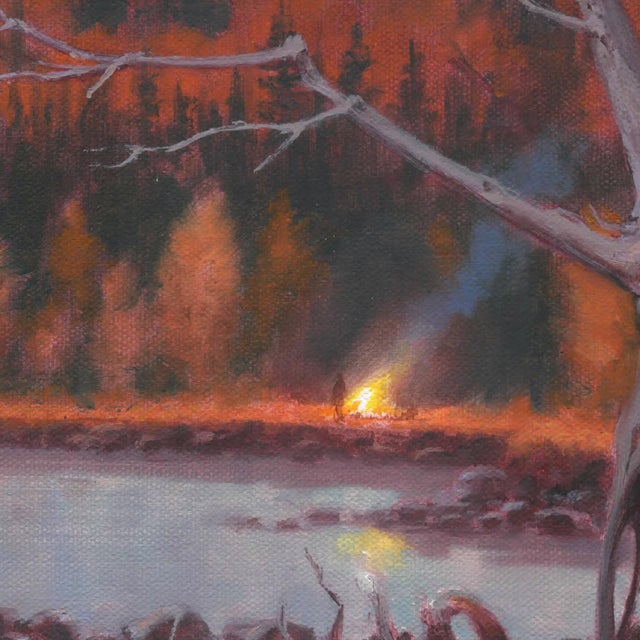 Passing Through by Mark Harrison | Oil on canvas Landscape with mountains and a river at sunset For Sale - Image 4 of 5